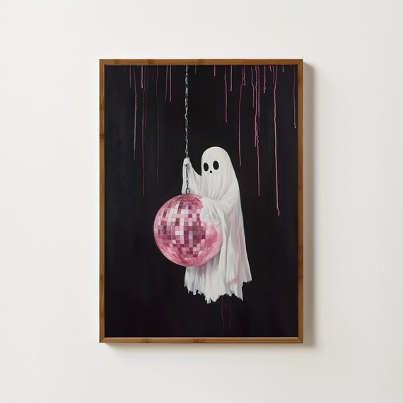 Cute Ghost Holding A Pink Disco Ball Spooky Halloween Decor Art Poster