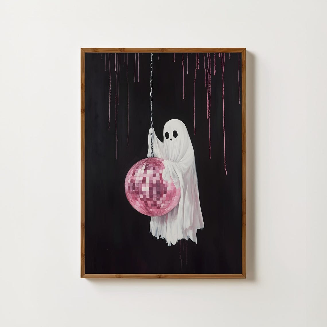 Cute Ghost Holding A Pink Disco Ball Spooky Halloween Decor Art Poster