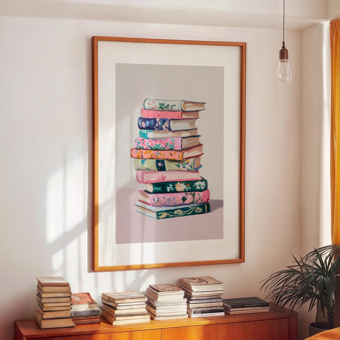 Pastel Floral Covered Book Stack Cozy Reading Nook Art Print - Image 2