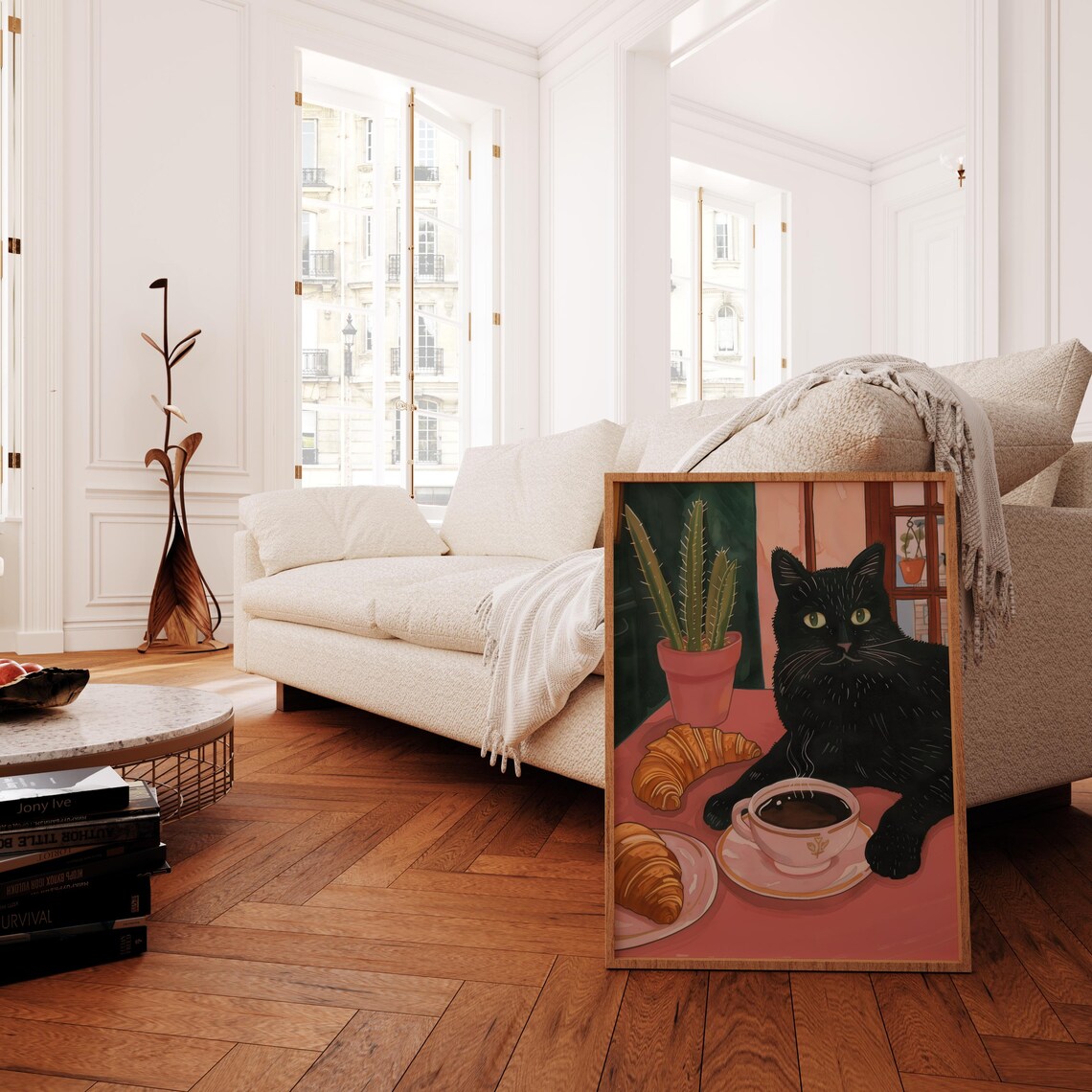 Black Cat With Coffee And Croissants At Pink Cafe Table Art Poster - Image 2