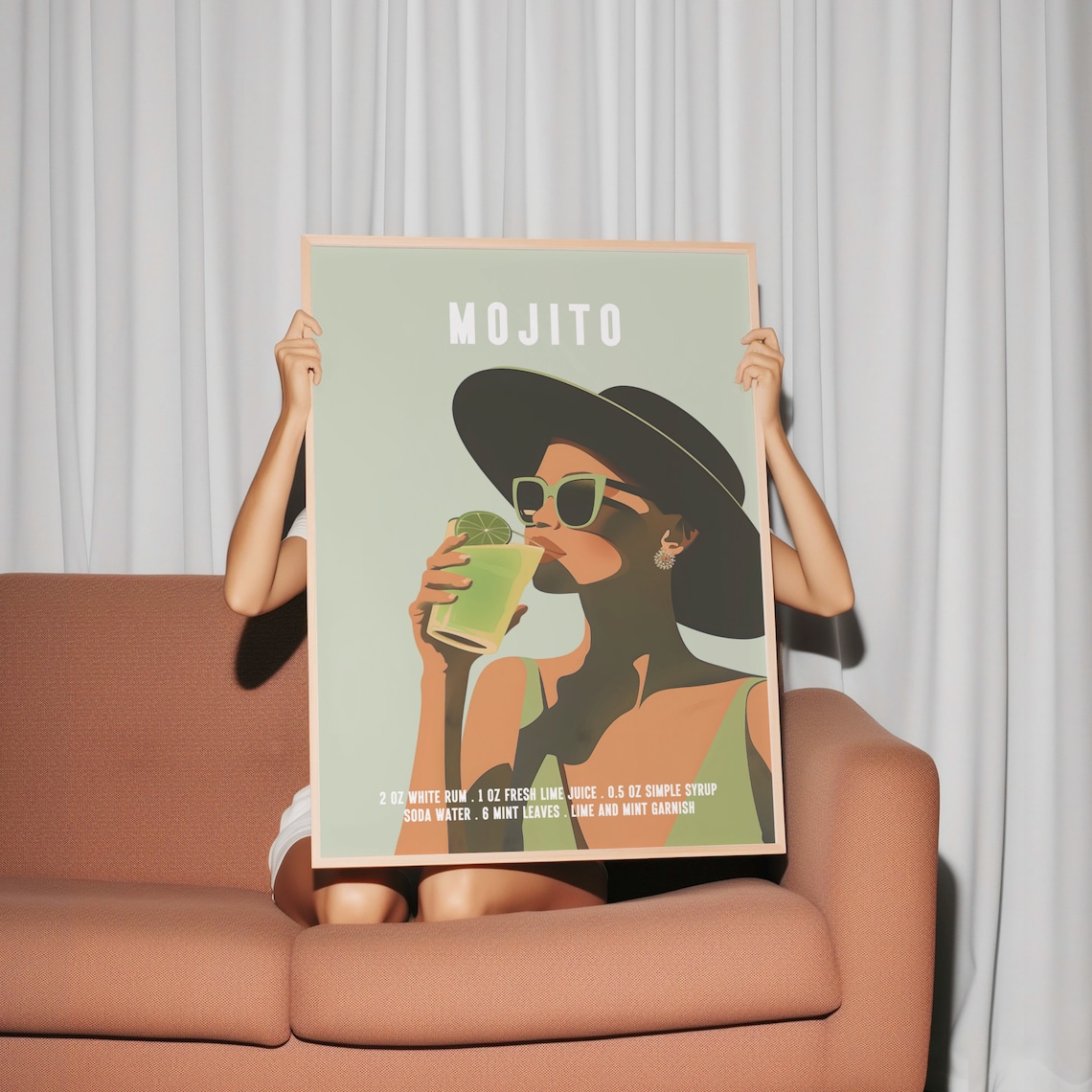 Woman In Black Hat Sipping A Mojito Retro Cocktail Recipe Poster - Image 2