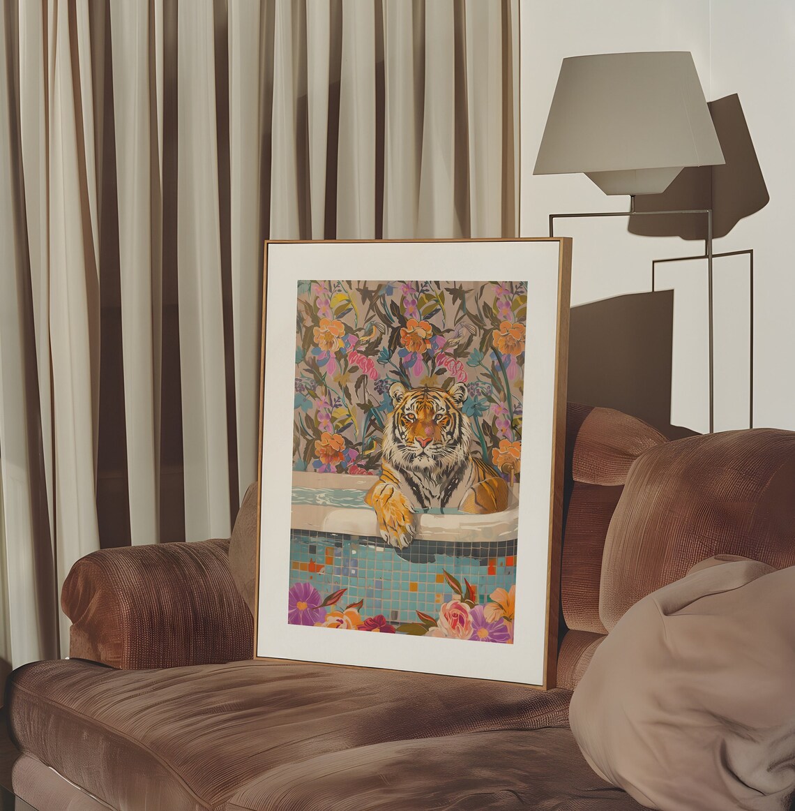Tiger Relaxing in a Bathtub With Floral Wallpaper Whimsical Poster - Image 2