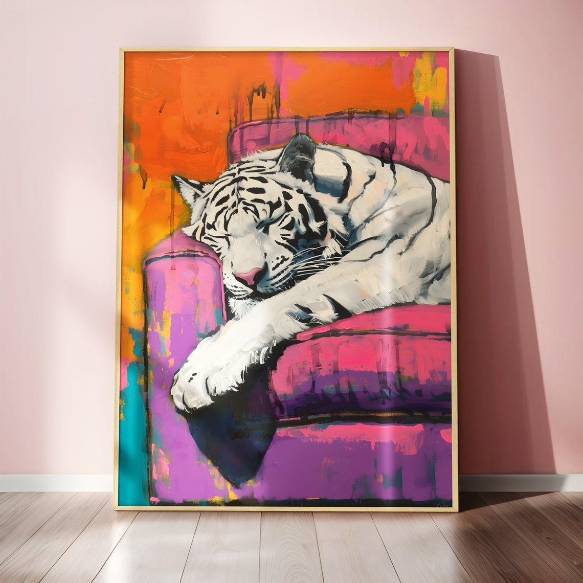 White Tiger Napping On Pink Couch Neon Pop Colorful Art Poster - Image 2