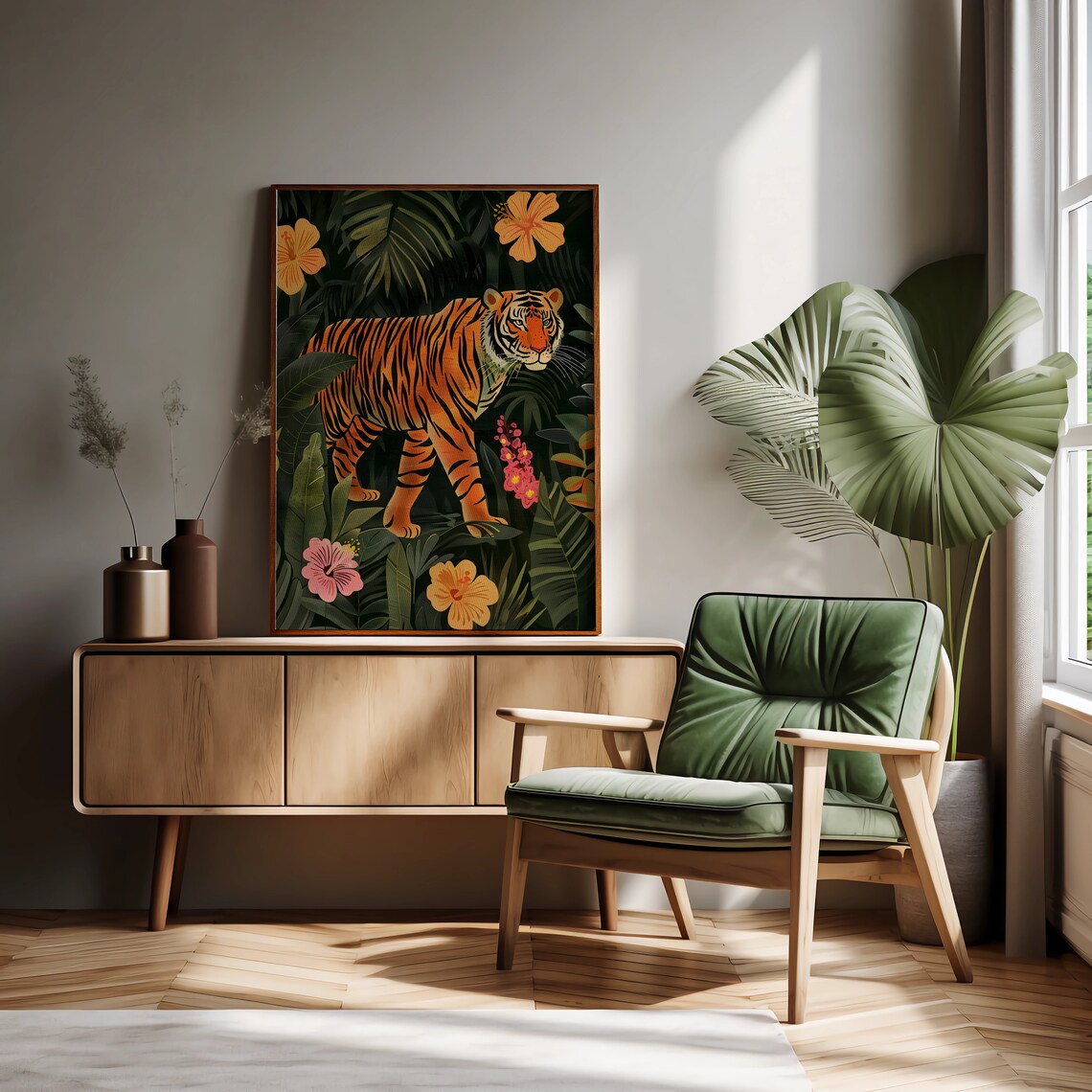 Tiger Prowling Through Dark Jungle Hibiscus Flowers Art Poster - Image 2