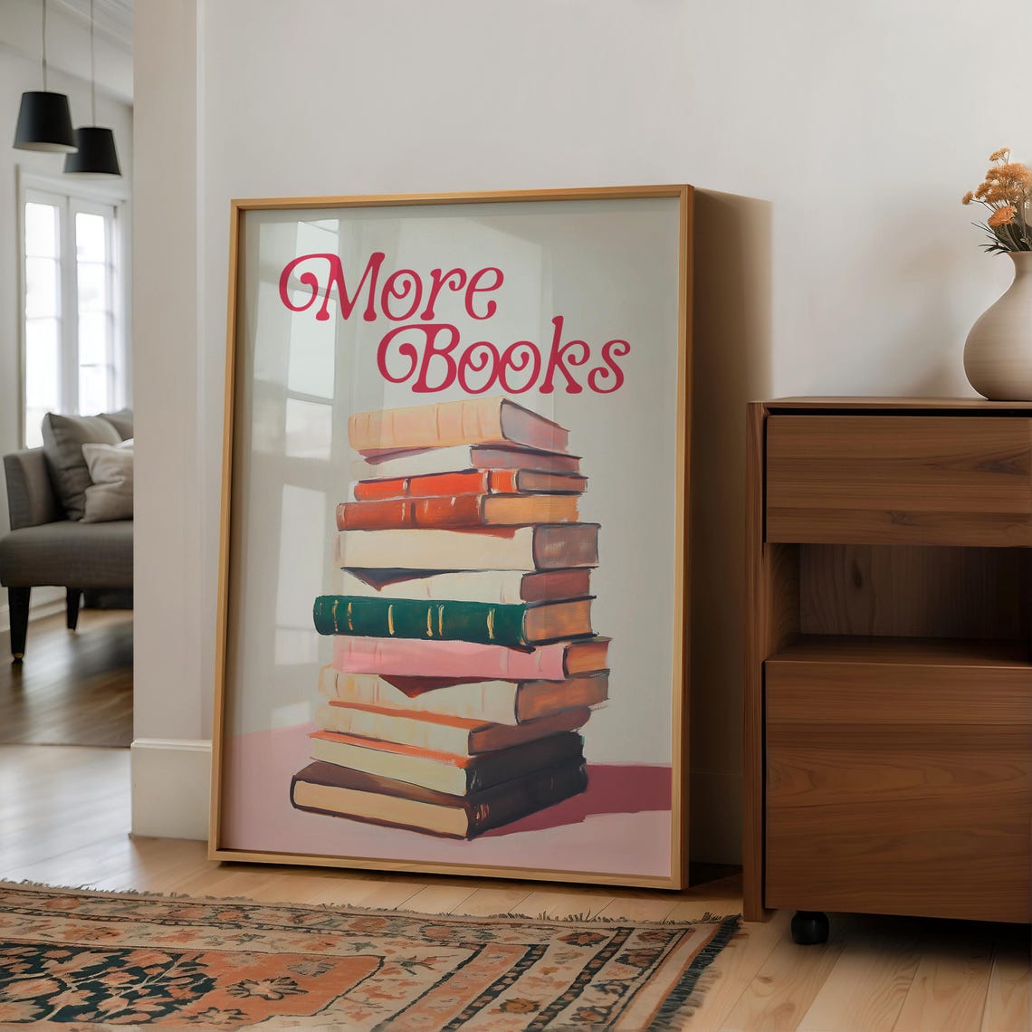 More Books Colorful Stack Pink Script Bookish Library Quote Poster - Image 2