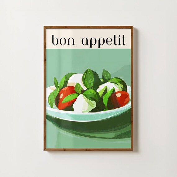 Bon Appetit Print Tomato Mozzarella Print Dining Print Dinner Table Print Mediterranean Wall Art Kitchen Food Painting Green Kitchen Prints