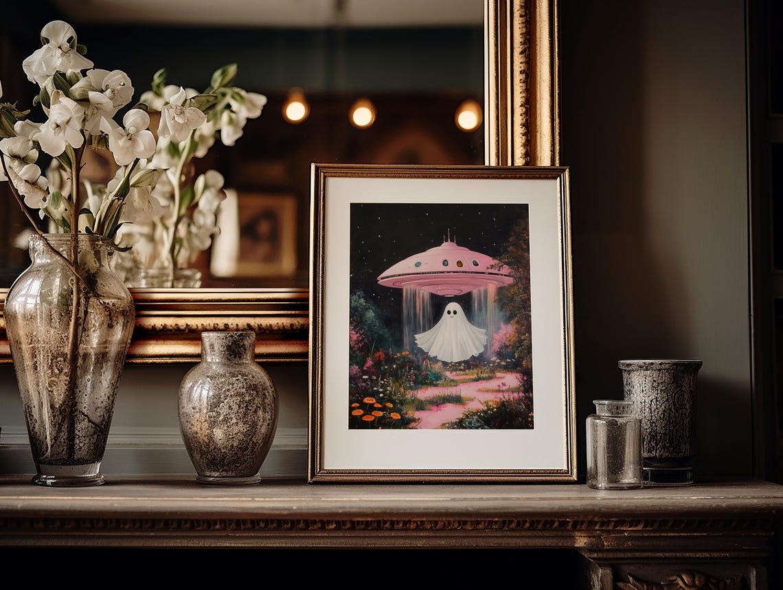 Smiling Ghost Under Pink UFO In Flower Garden Night Scene Poster - Image 2