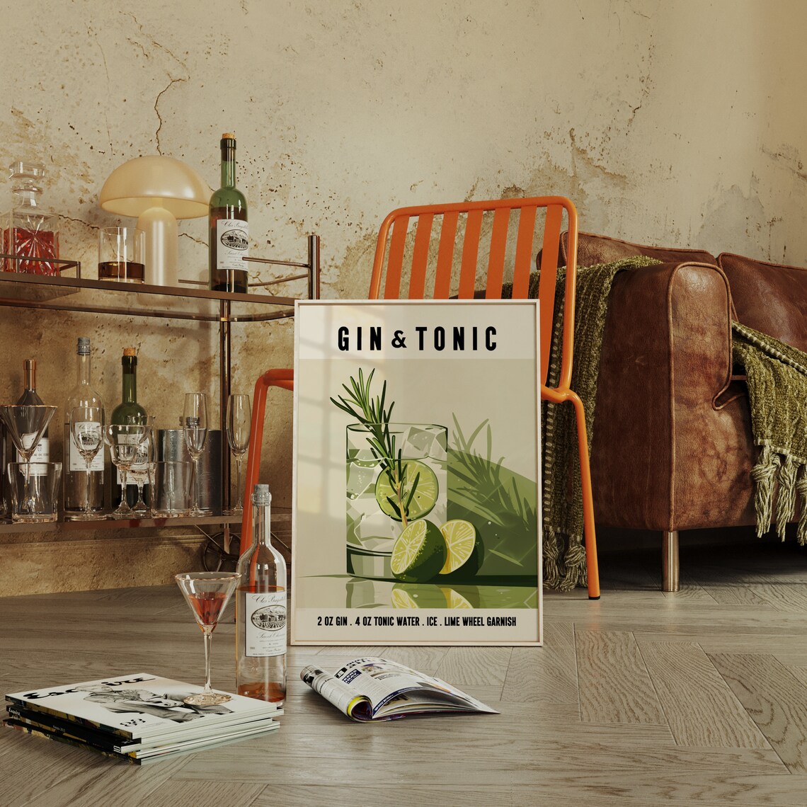 Gin Tonic Retro Cocktail Poster, Bar Cart Decor - Image 4