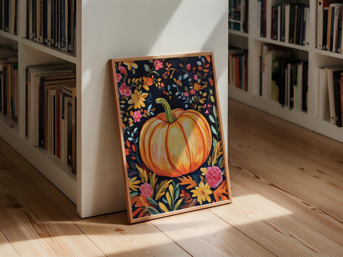 Golden Pumpkin in Fall Florals Dark Navy Botanical Art Poster - Image 3