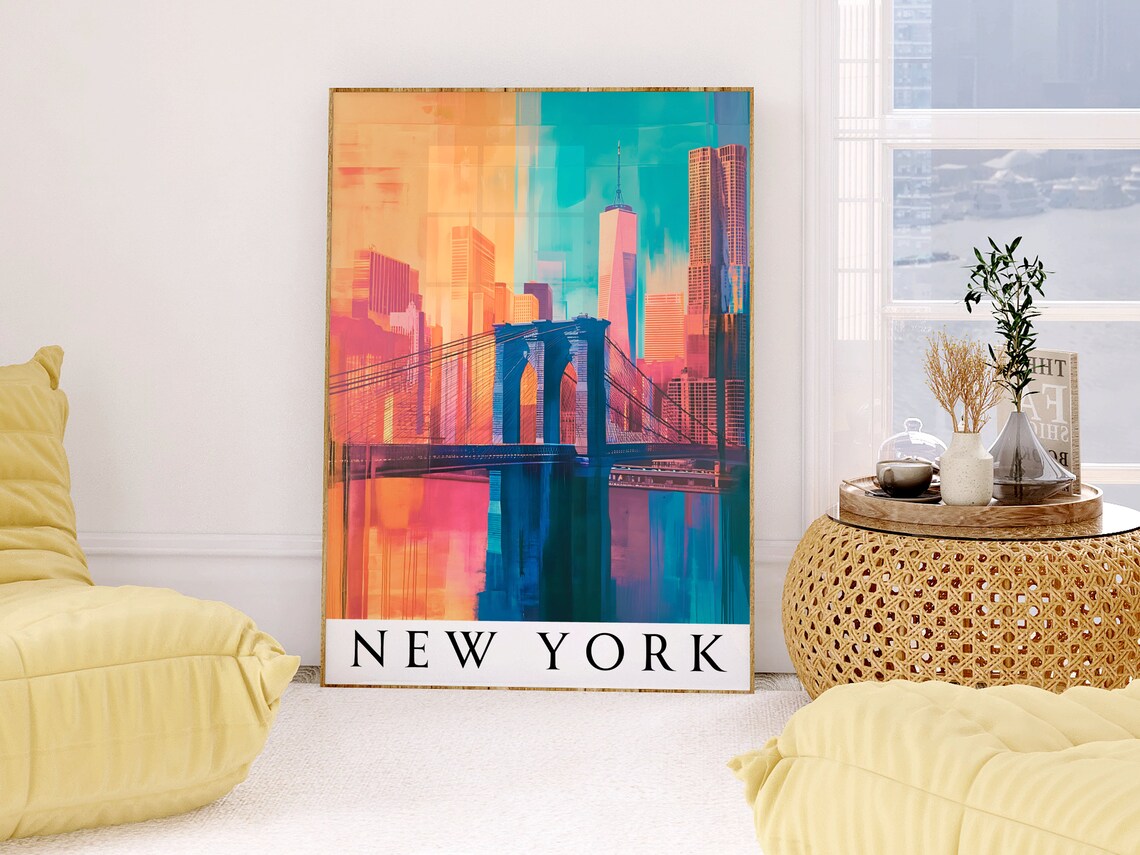 New York Brooklyn Bridge Sunset Manhattan Skyline Travel Poster - Image 4