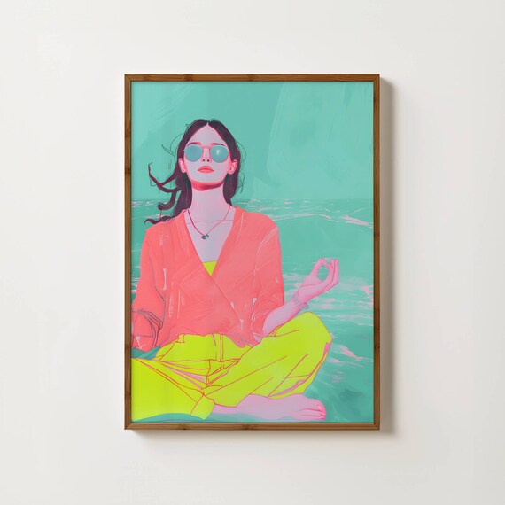 Beach Meditation Pop Art Woman Teal Pink Wellness Calm Poster