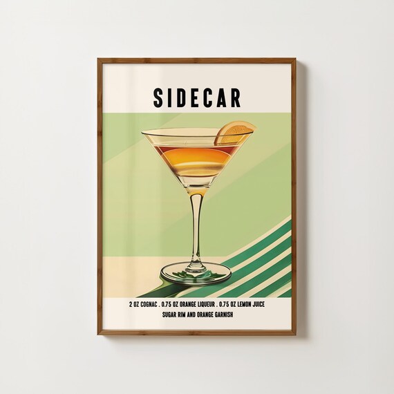 Sidecar Cognac Cocktail Recipe With Sugar Rim In Green Retro Poster