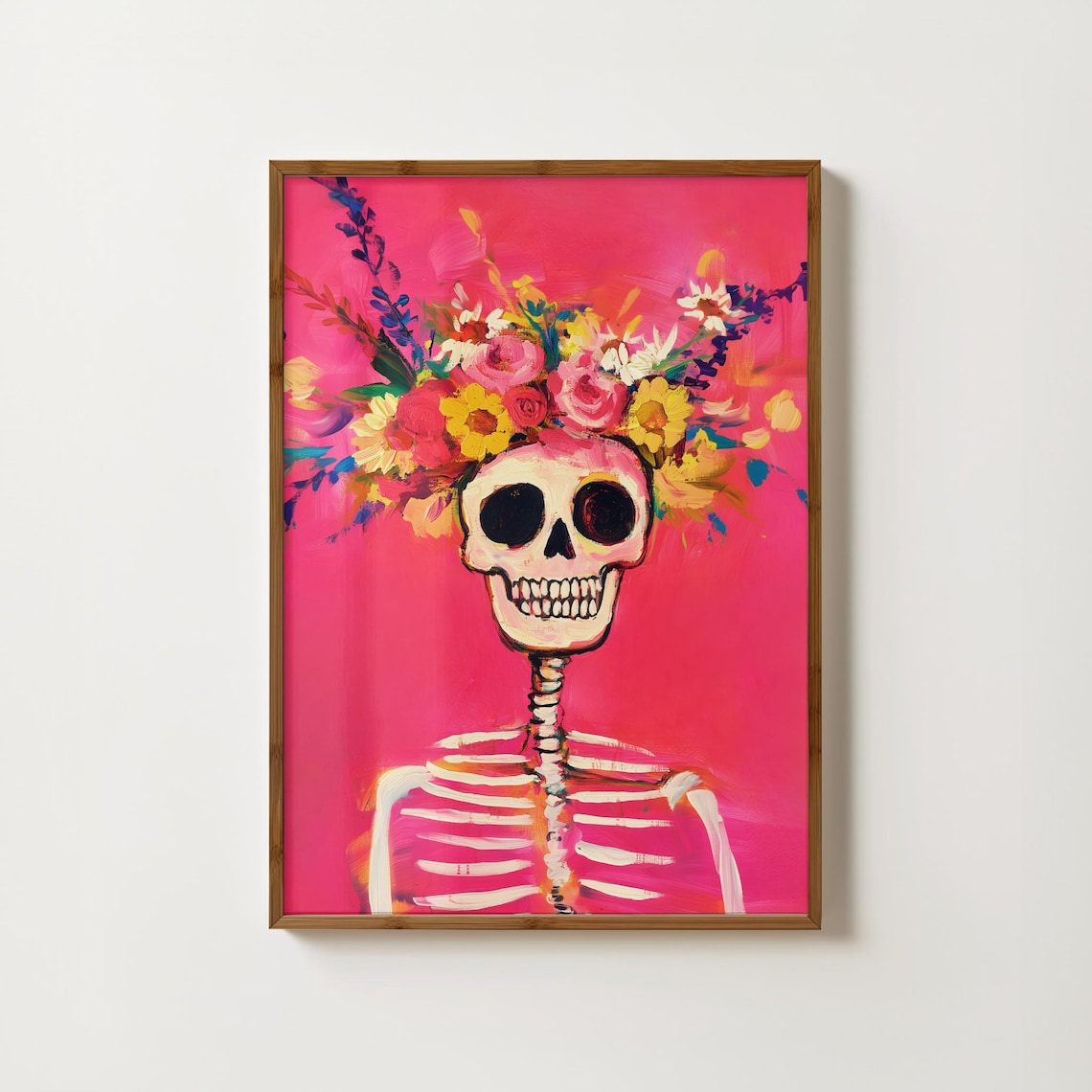 Pink Skeleton Floral Skull, Gothic Halloween Art Print