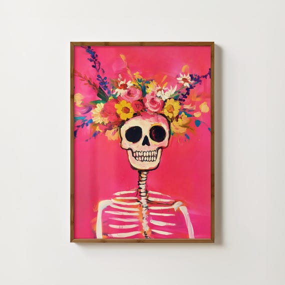 Pink Skeleton Floral Skull, Gothic Halloween Art Print
