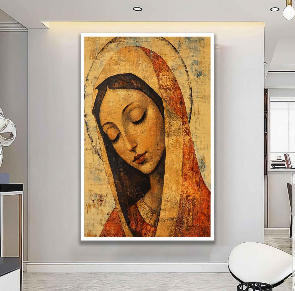 Vintage Rustic Virgin Mary Portrait Golden Amber Religious Wall Art - Image 2