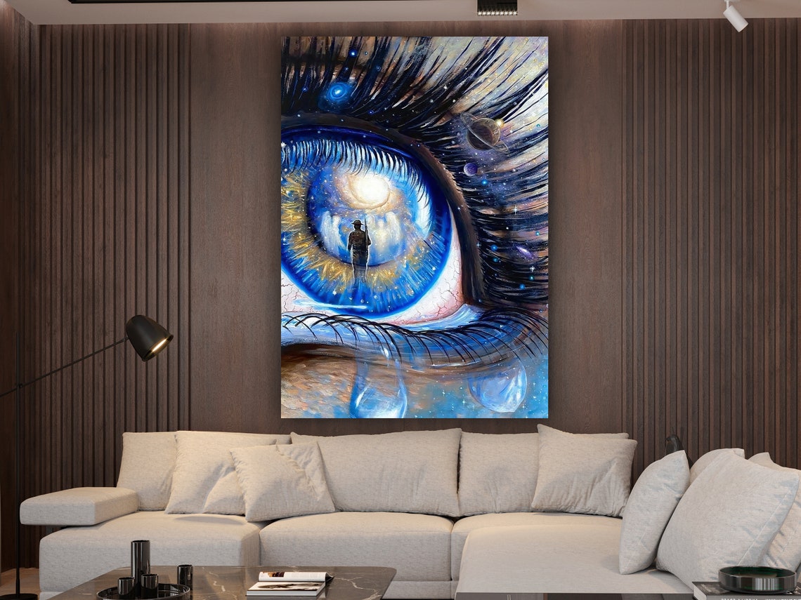 Cosmic Blue Eye Tiny Human Silhouette Planets Surreal Soulful Wall Art - Image 2