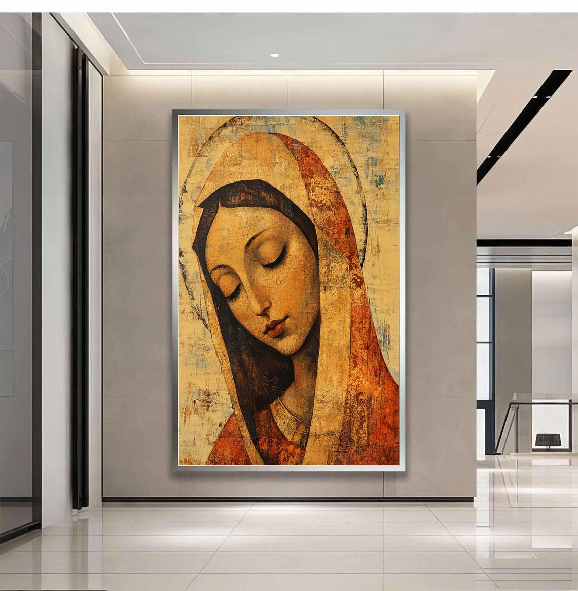 Vintage Rustic Virgin Mary Portrait Golden Amber Religious Wall Art - Image 3
