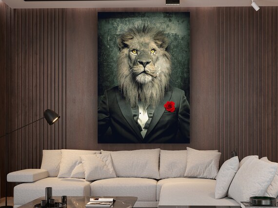 Lion In Suit Red Rose Cigar Vintage Style Funny Animal Poster