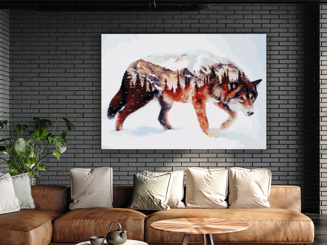 Wolf Forest Mountain Double Exposure Wildlife Nature Art Poster - Image 2