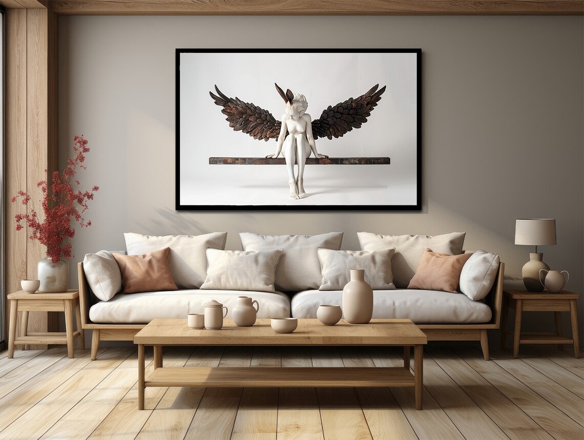 Winged Woman Sculpture with Dark Bronze Feathered Wings Sitting Art Poster
