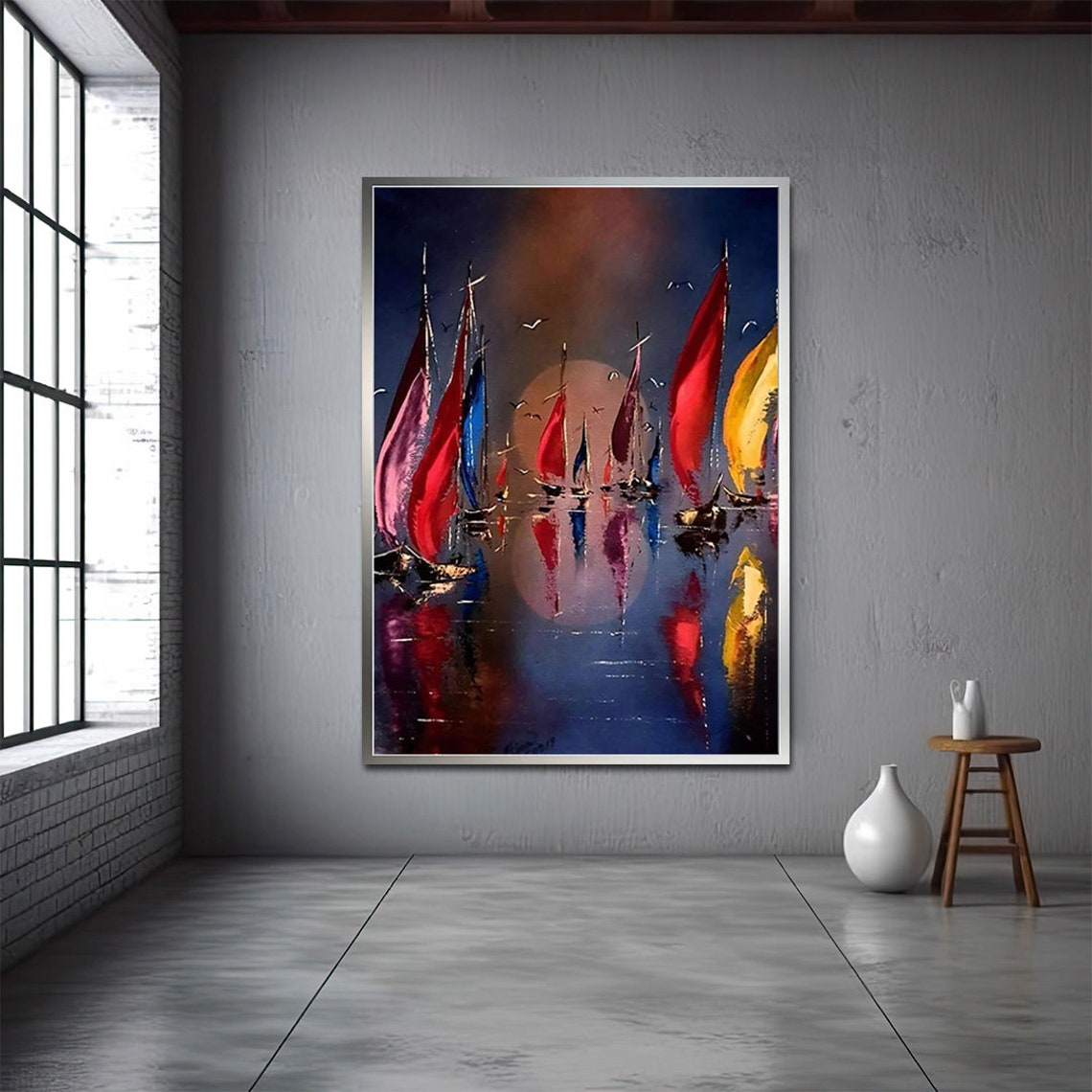 Colorful Sailboats Moonlight Regatta Painting Night Sea Reflection Art