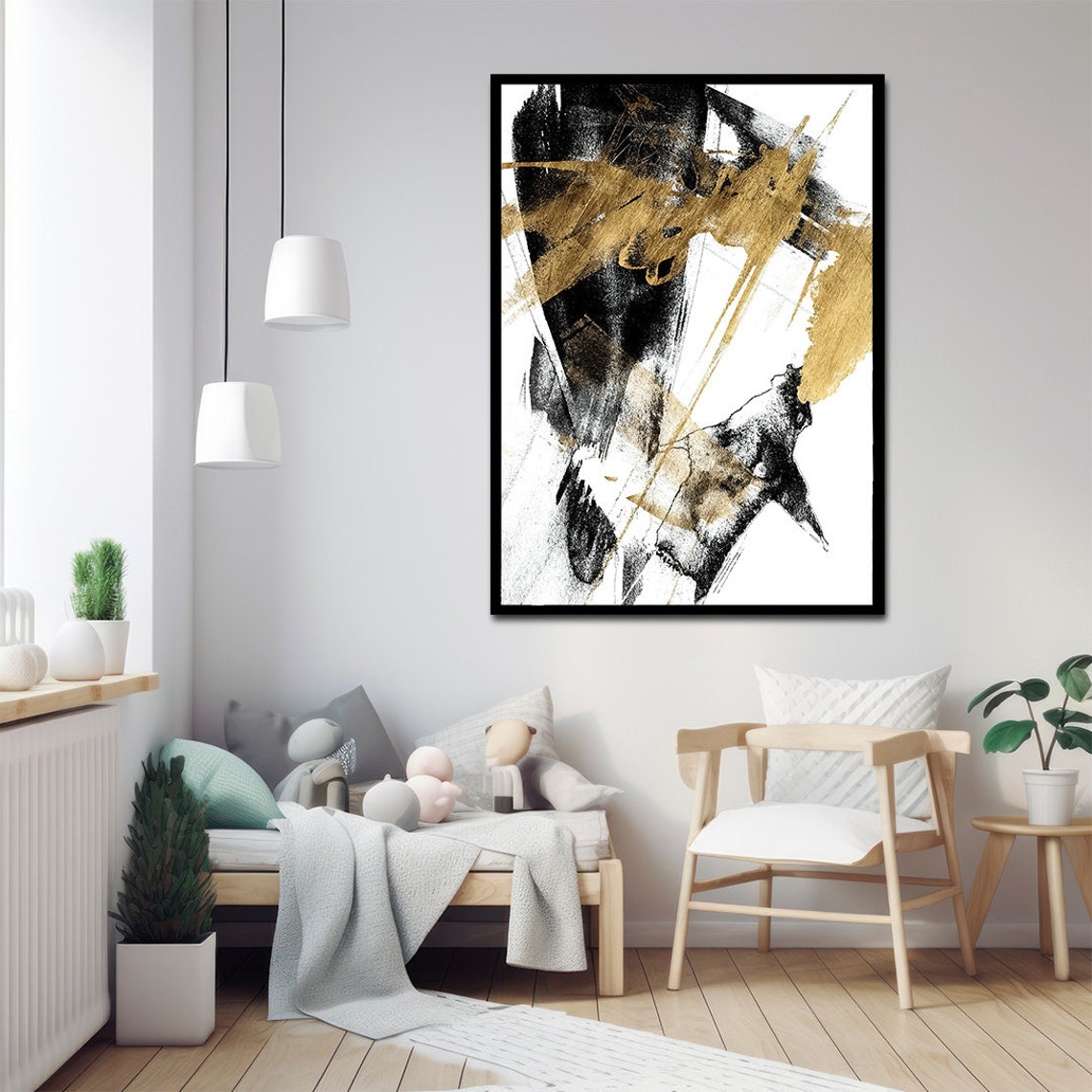 Black Gold Abstract Brushstroke Painting Modern Dynamic Wall Art Print - Image 3