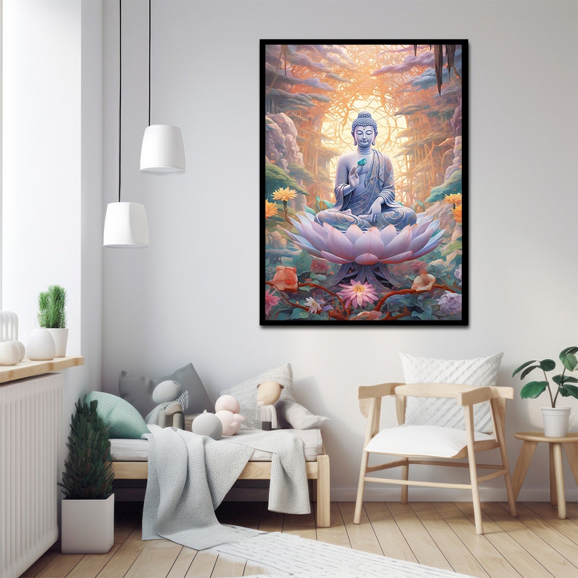 Blue Buddha Lotus Flower Meditation Zen Garden Painting Wall Art Print - Image 2