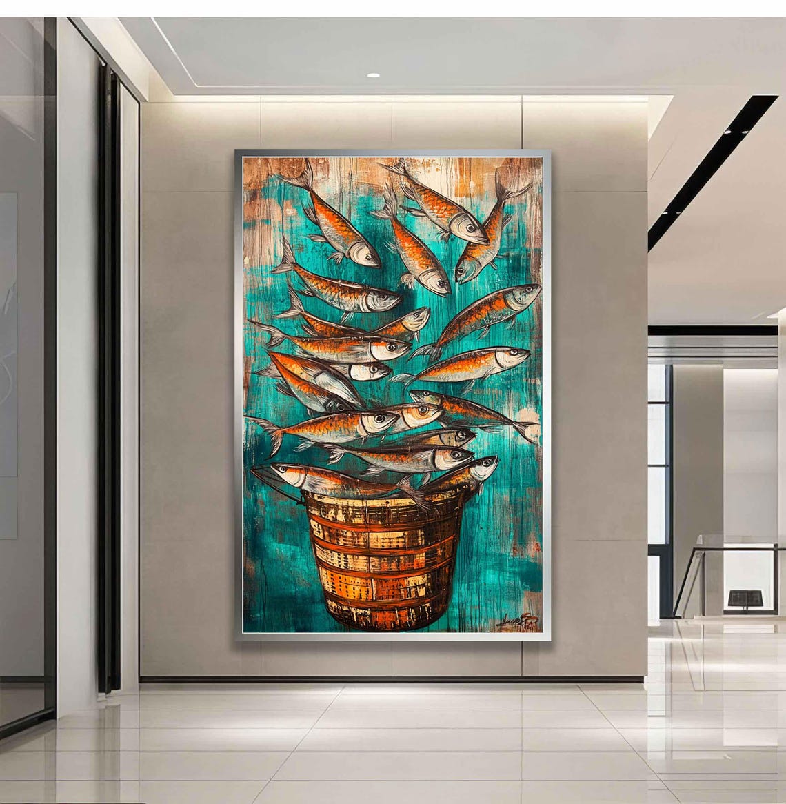 Sardines Jumping Into Wooden Bucket Rustic Teal Coastal Art Print - Image 3
