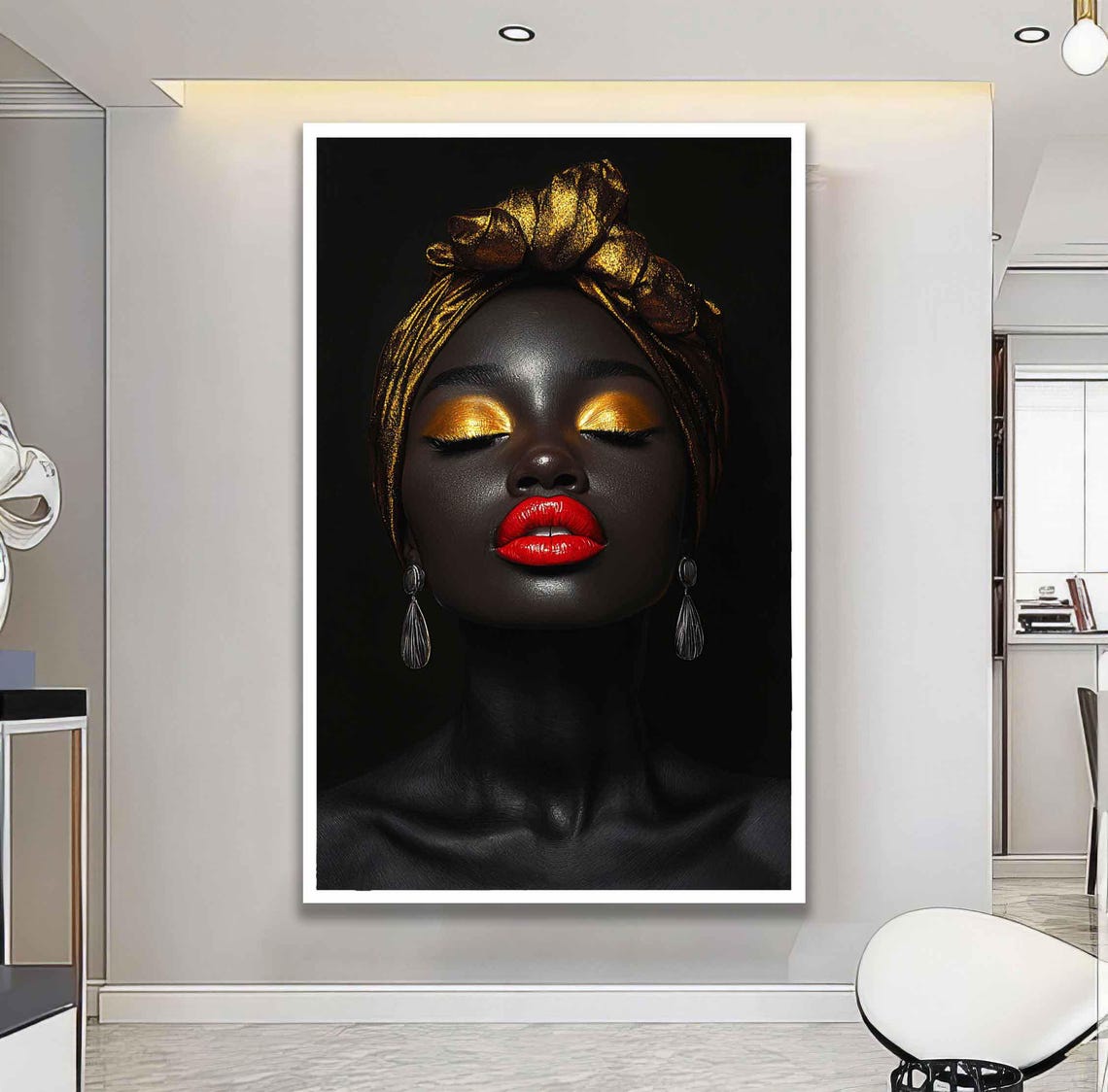 African Woman Gold Headwrap Red Lips Black Background Art Poster - Image 2