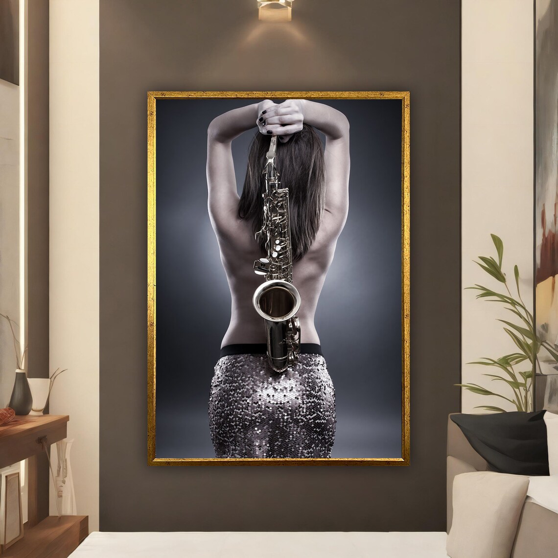 Woman Holding Saxophone Behind Head Jazz Music Photography Poster - Image 3