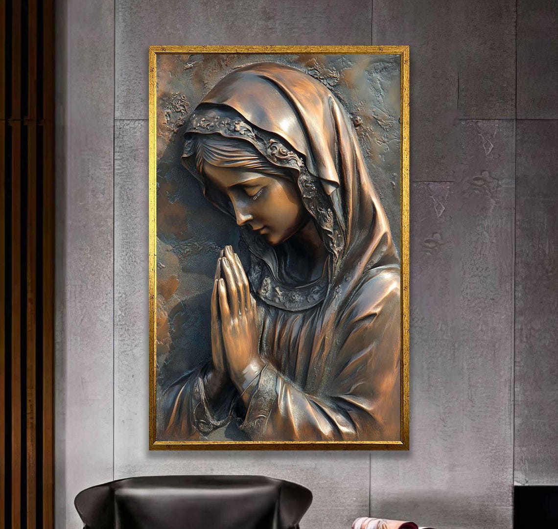 Bronze Praying Virgin Mary Relief Sculpture Style Religious Wall Art - Image 2
