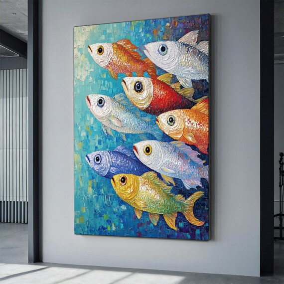 Abstract Colorful Fish Original Nature Ocean Painting Fish Painting Large Wall Art Living Room Wall Decor