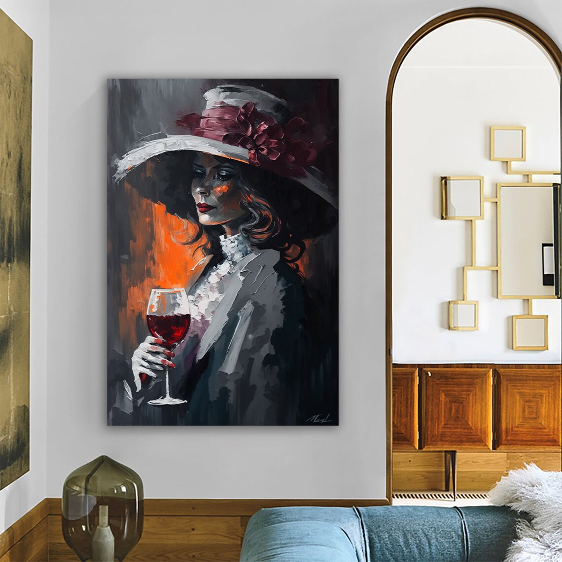Elegant Woman in Wide Brim Hat Holding Wine Glass Painterly Oil Art Poster