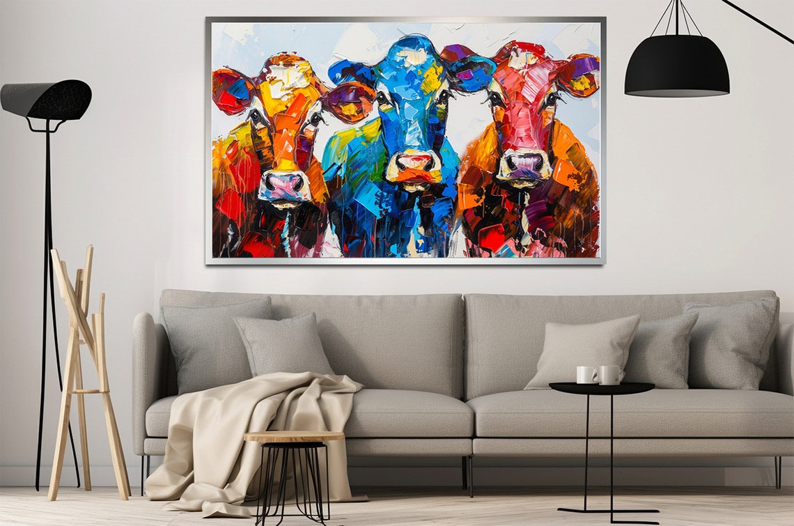 Three Colorful Cows Pop Art Painting Modern Farmhouse Wall Art - Image 3