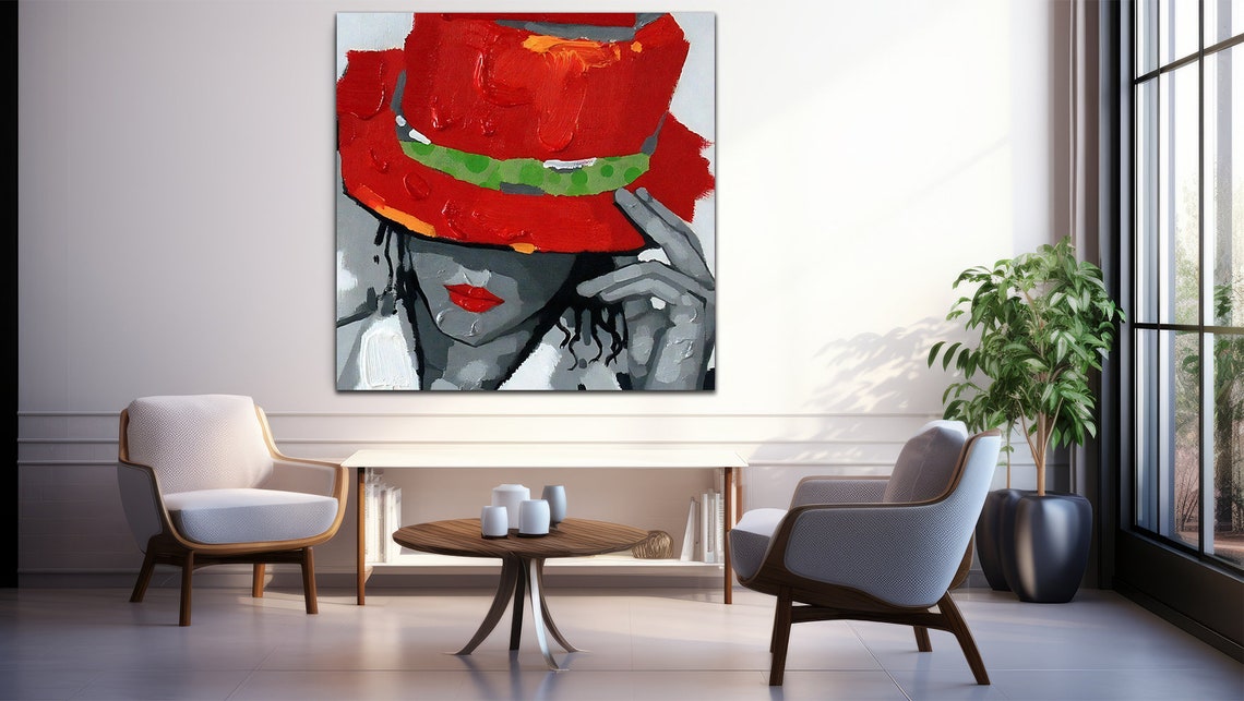 Art Of Woman In Red Hat Woman In Red Hats Beautiful Girl Art Red Hats Wall Art - Image 2