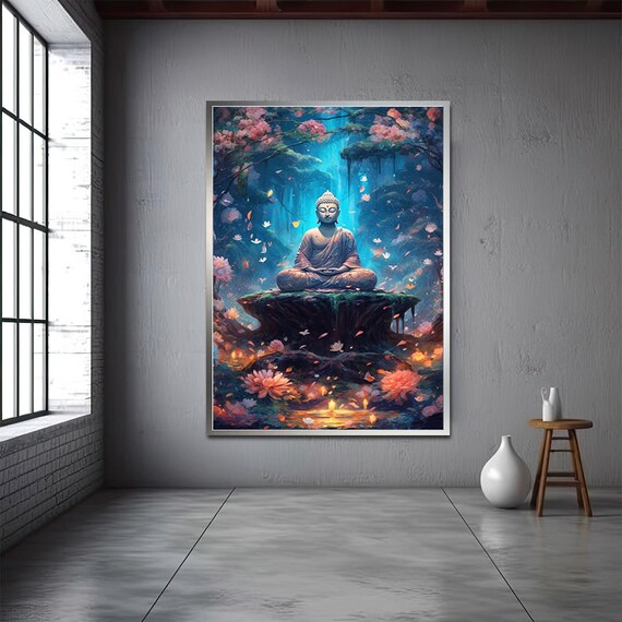 Buddha Meditating Enchanted Forest Lotus Candles Mystical Poster