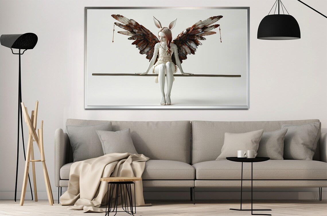 Winged Fairy Woman with Brown Feathered Wings Sitting Surreal Art Poster - Image 2