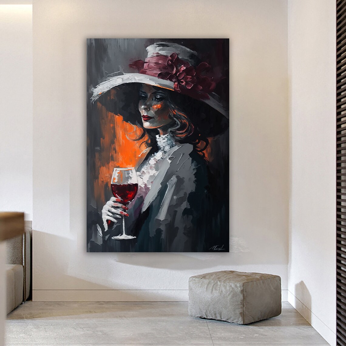 Elegant Woman in Wide Brim Hat Holding Wine Glass Painterly Oil Art Poster - Image 3