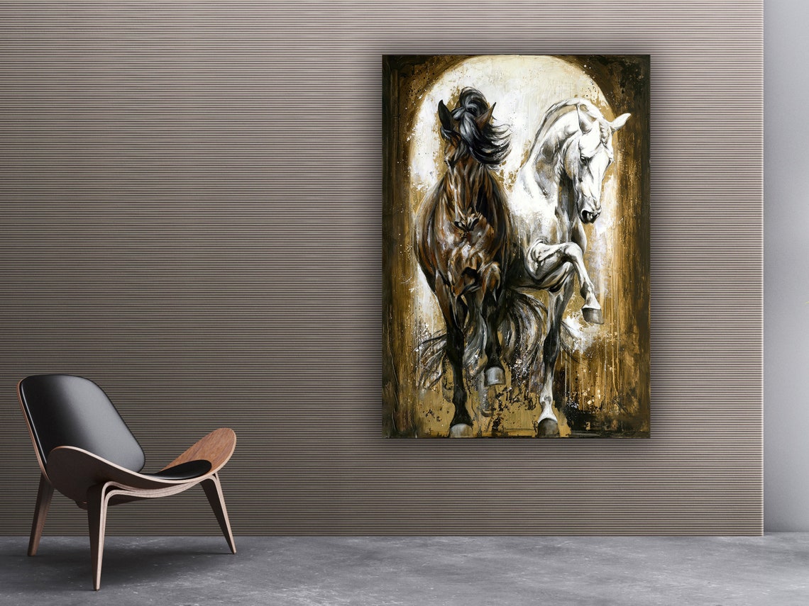 Two Horses Rearing Dark White Dramatic Equine Painting Golden Wall Art - Image 3