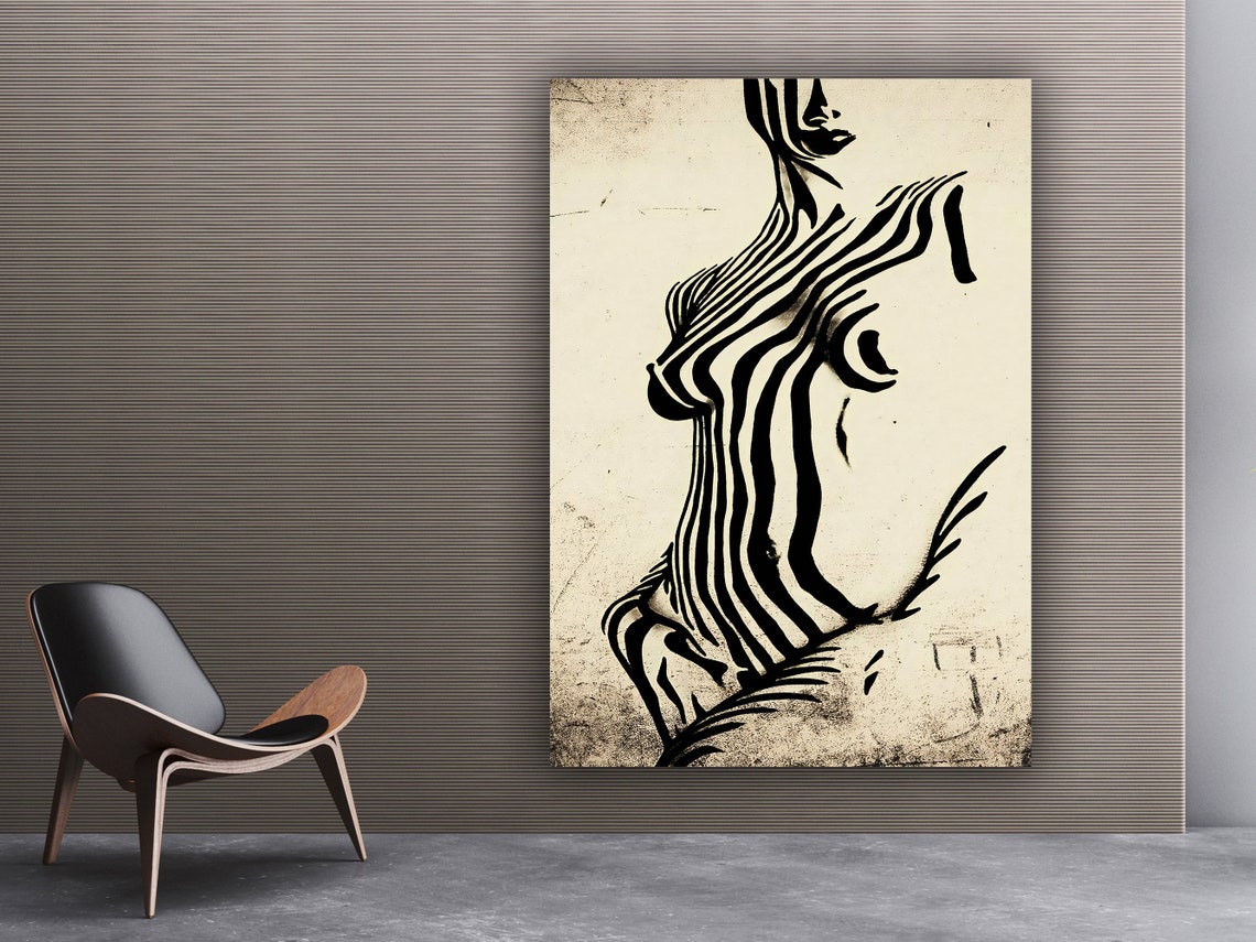 Zebra Stripe Woman Silhouette Line Art Black White Body Poster - Image 2