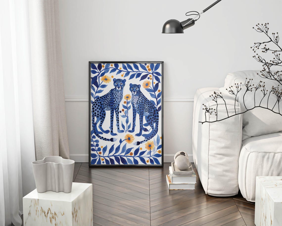 Two Blue Cheetahs Sitting Among Marigolds in Folk Art Style Poster - Image 5