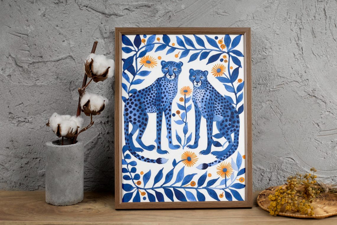 Two Blue Cheetahs Sitting Among Marigolds in Folk Art Style Poster - Image 4