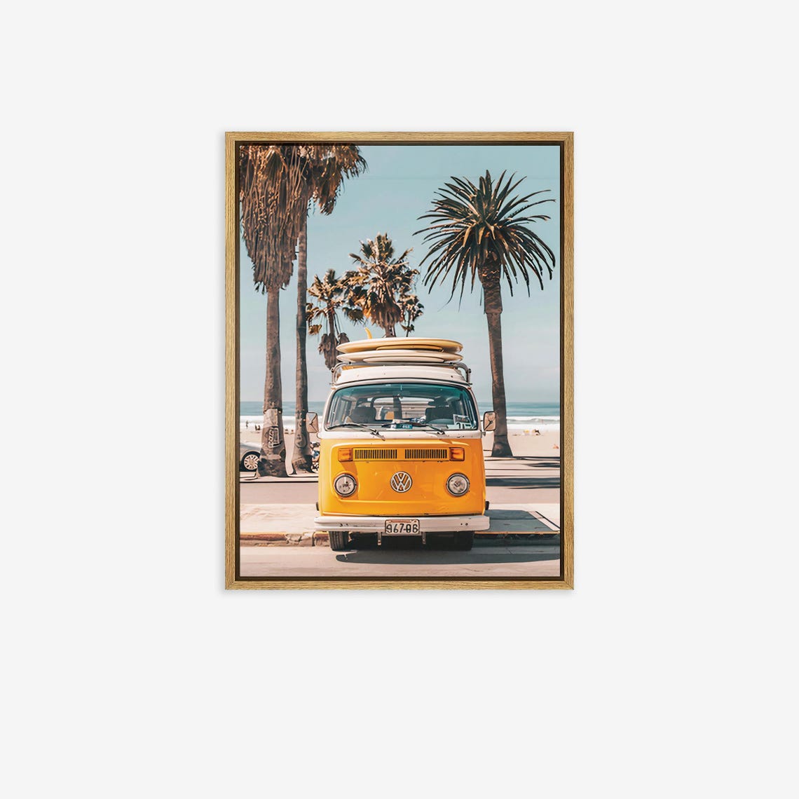 Yellow Classic VW Bus With Surfboards at a Palm Beach Poster