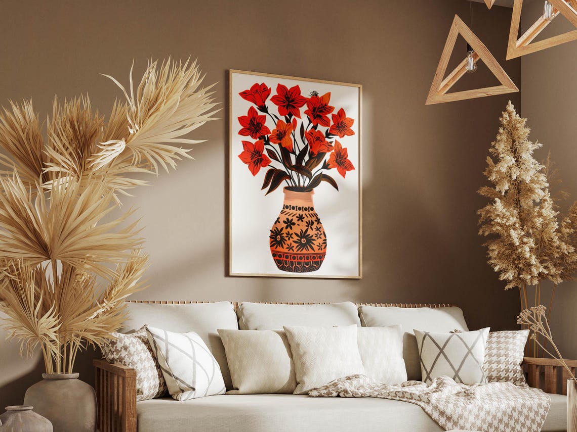 Red Lilies in Patterned Terracotta Vase Folk Art Botanical Poster - Image 5
