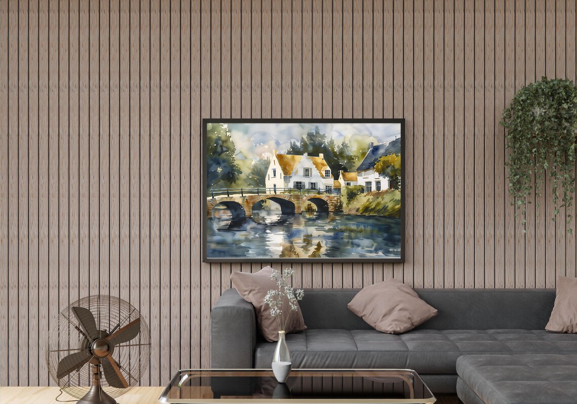 European Canal Village Triple Arch Stone Bridge Watercolor Poster - Image 5