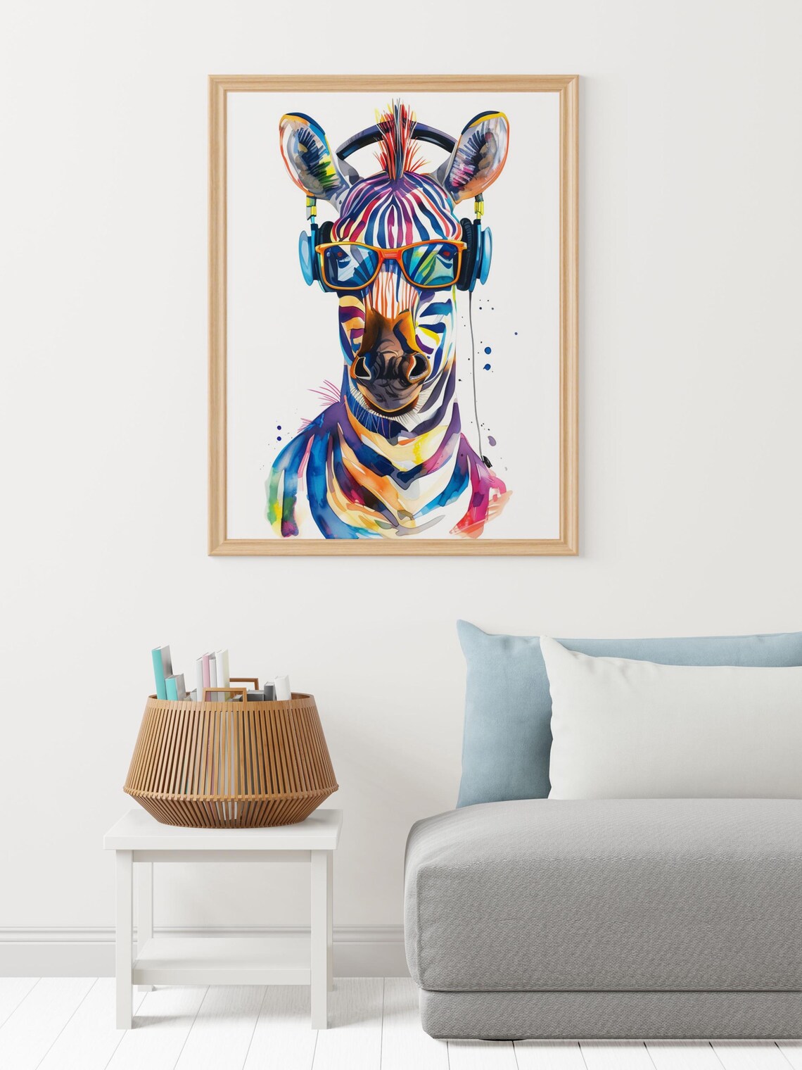 Vibrant Zebra Wearing Orange Glasses and Headphones Watercolor Poster - Image 2