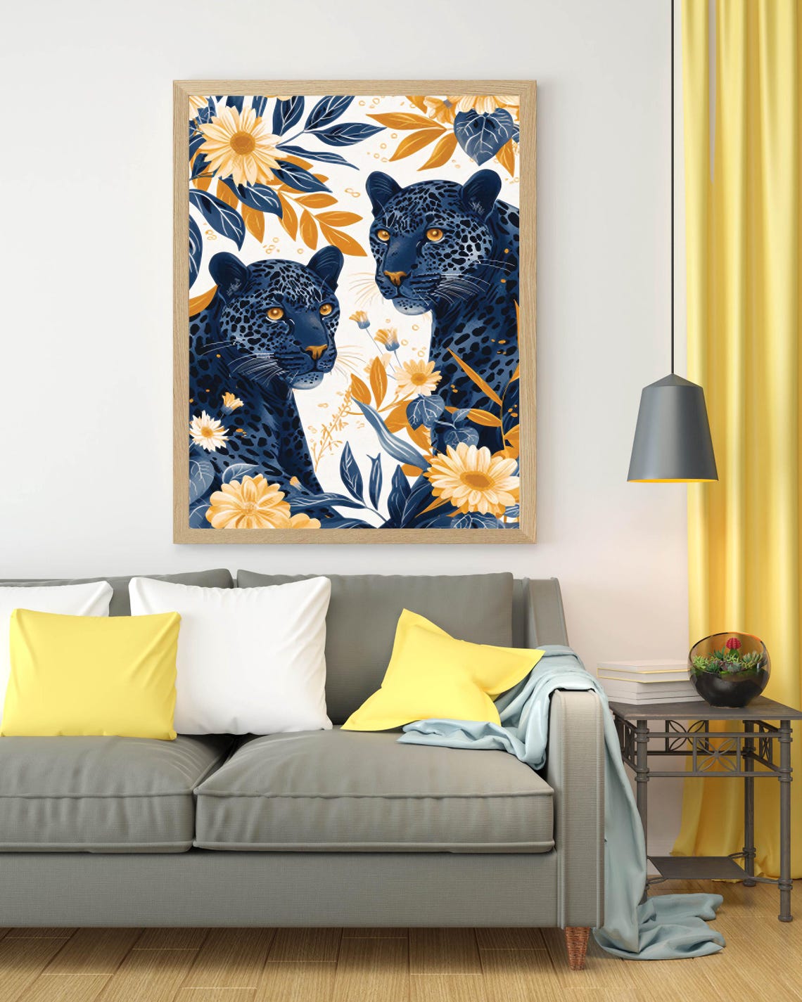 Two Blue Leopards Among Golden Daisies in Navy and Gold Poster - Image 2