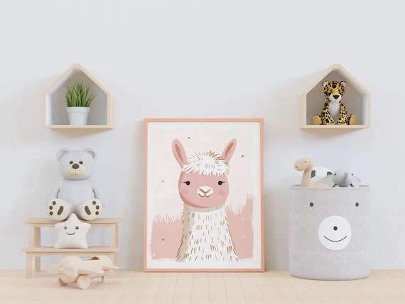 Sweet Pink Llama Nursery Illustration for a Kids Room Poster