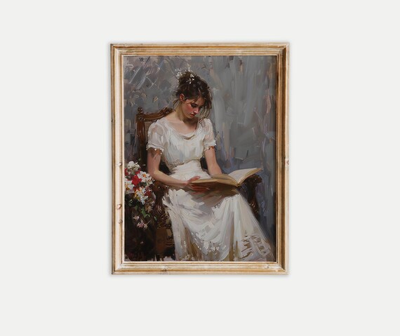 Woman in White Gown Reading a Book Vintage Oil Portrait Poster