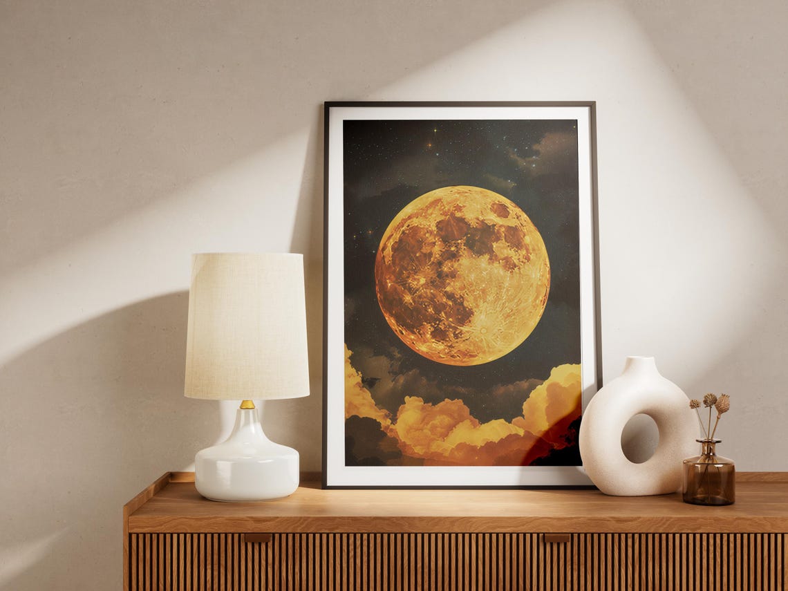 Huge Orange Full Moon Over Glowing Amber Clouds Night Art Poster - Image 5